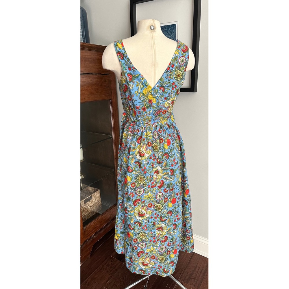 Boden Blue Botanical Strawberry Floral V-Neck Cotton Midi Dress Womens US 6R